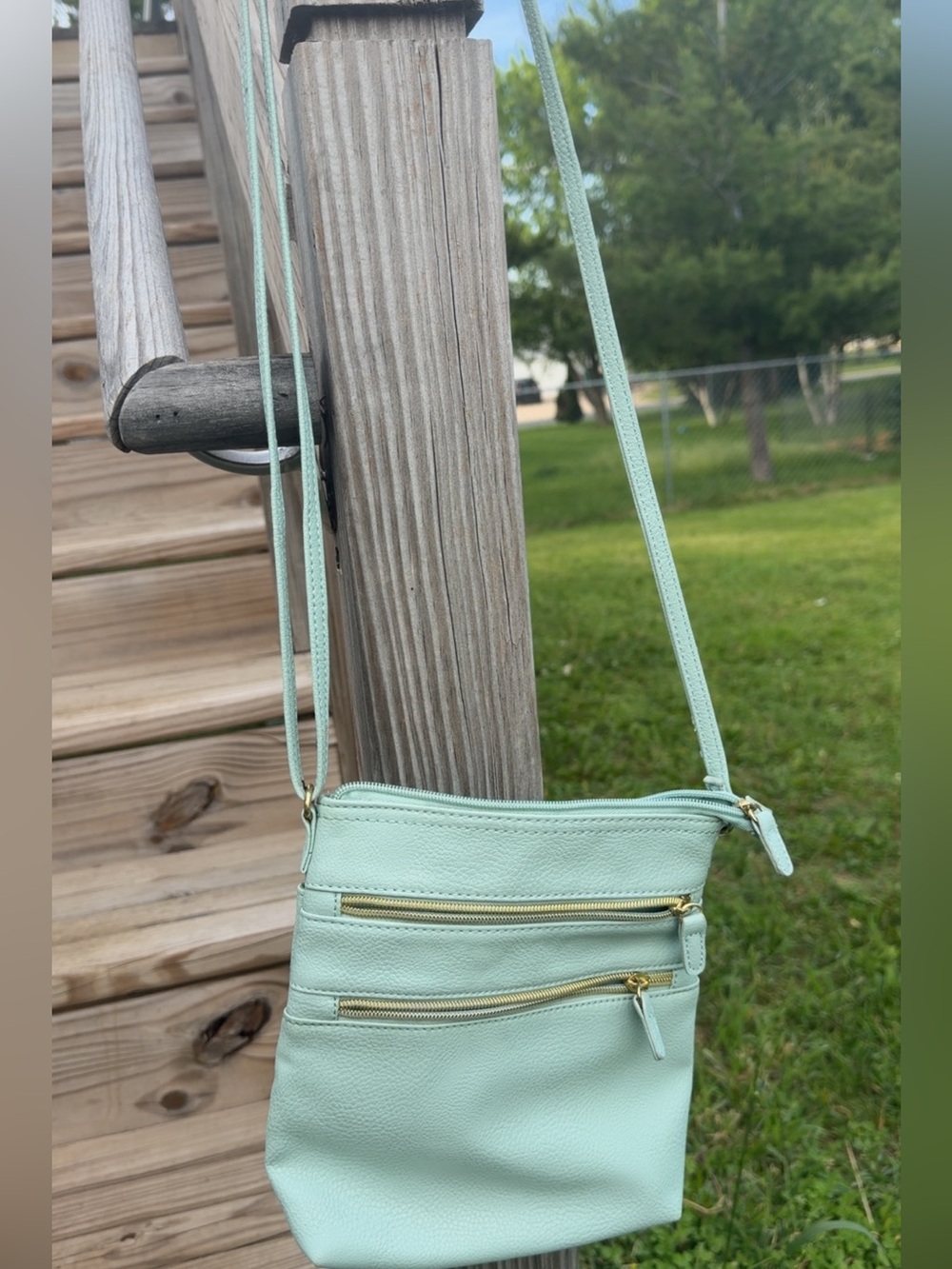Mint Green Crossbody Bag Multi Pocket Gold Zipper Purse